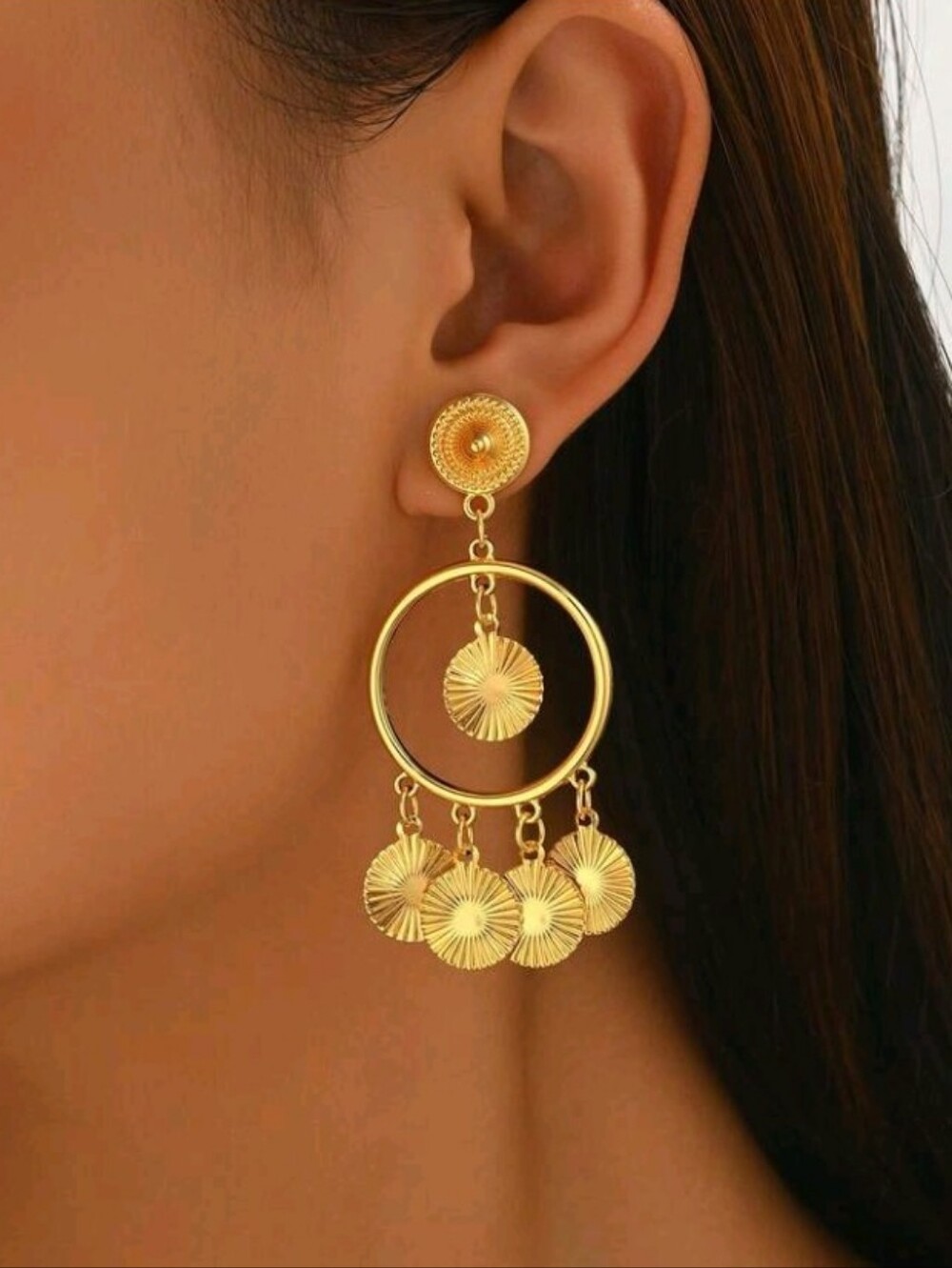 NEW! 14K Gold Plated Vintage Chandelier & Disc Dangle Post Earrings